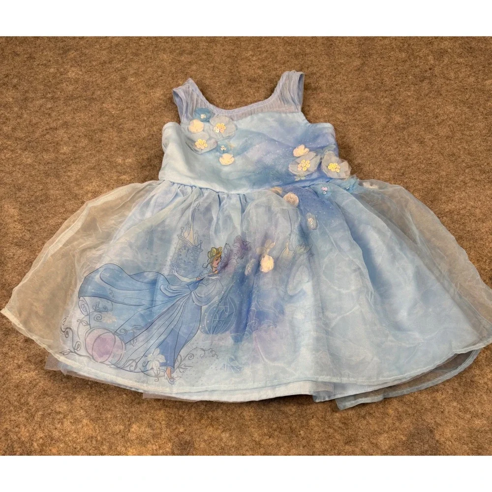 Disney Store Cinderella Blue Tulle Princess Dress Floral Sequin Girls Size 4